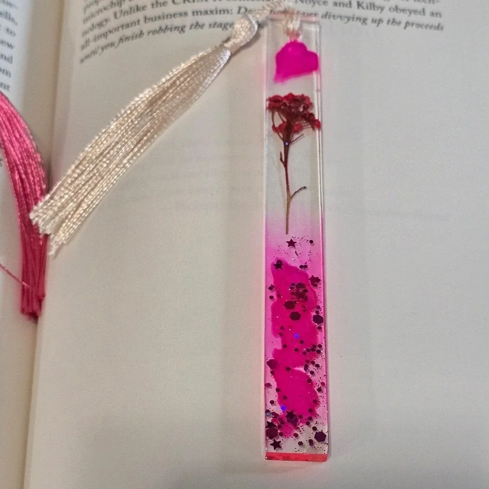 Handmade Resin Floral Bookmarks Real Pressed Flowers Pink Glitter Tassels Set 2
